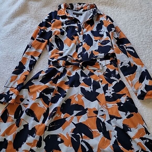 Banana Republic belted shirt dress navy and orange abstract print size 6 - Picture 3 of 11